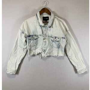 Edgy Fashion Nova Women Lg Light Wash Cropped Distressed Denim Jacket Bleached